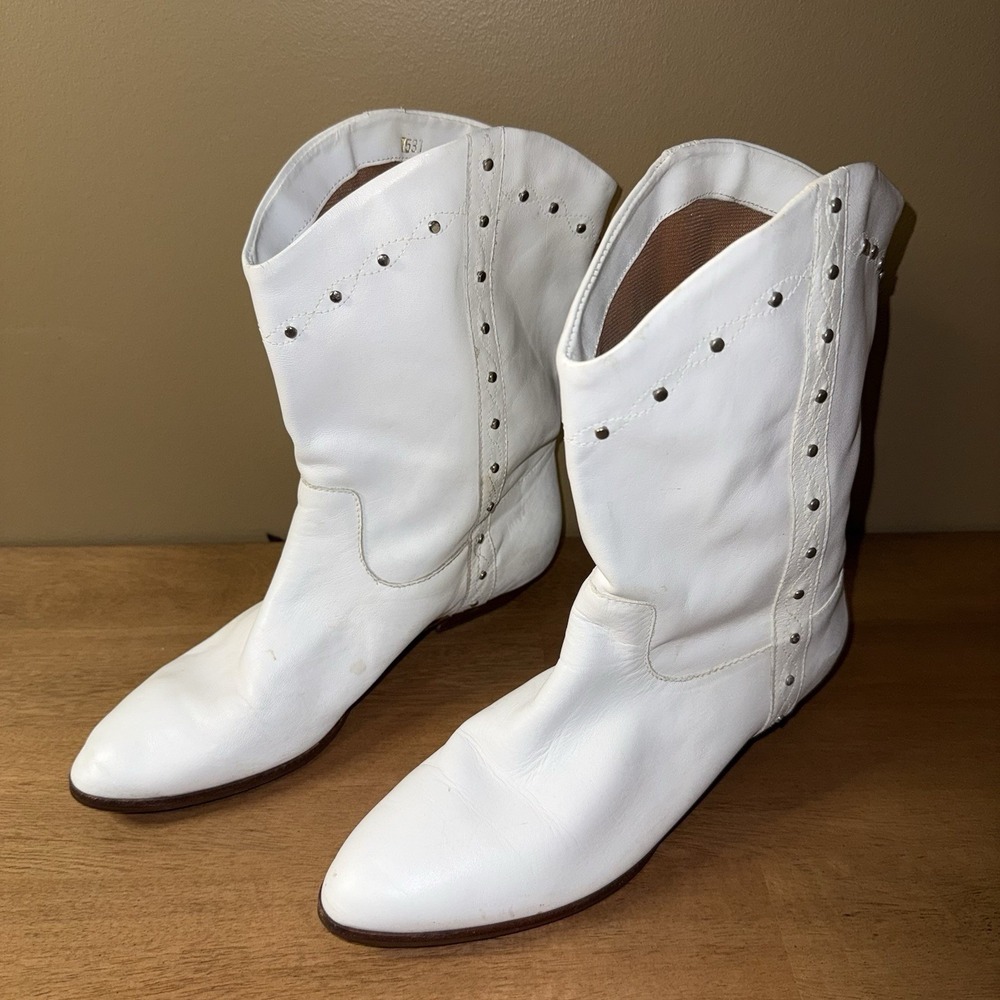 White Studded Leather Western Boots - Women's